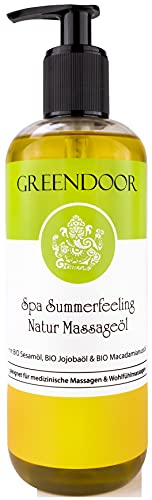 500ml Sparpackung GREENDOOR Massageöl Summerfeeling, BIO Jojobaöl + BIO Sesamöl + BIO Macadaminussöl + sommerfrische Mischung ätherischer Öle, Naturkosmetik für Ihre Haut, Natur pur - 1