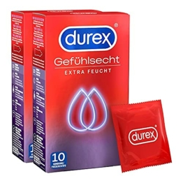 Durex Gefühlsecht Extra Feucht Kondome – Hauchzarte Kondome für intensives Empfinden - mit extra Gleitgelbeschichtung – 2er Pack (2 x 10 Stück) - 1
