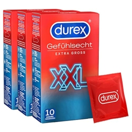 Durex Gefühlsecht Extra Groß - "Meine Größe" Kondome – XXL Kondome mit 57 mm nominaler Breite für intensives Empfinden – 30er Pack (3 x 10 Stück) - 1