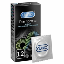 Durex Performa Kondome – Aktverlängernde Kondome mit 5% benzocainhaltigem Gel für länger andauerndes Sexvergnügen – 12er Pack (1 x 12 Stück) - 1