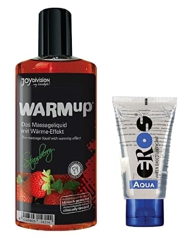 Massageöl Set erotisch wärmend flüssig auch für Intimbereich mit Aroma | Wärmendes Sexöl | Liebesöl für Entspannung mit Gleitgel | Duft Erdbeere - 1