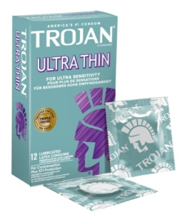 Trojan Ultra Thin, dünne Kondome für Ultra Sensitivität, aus hochwertigem Latex und mit seidenweichem Gleitgel – 12er-Pack - 1